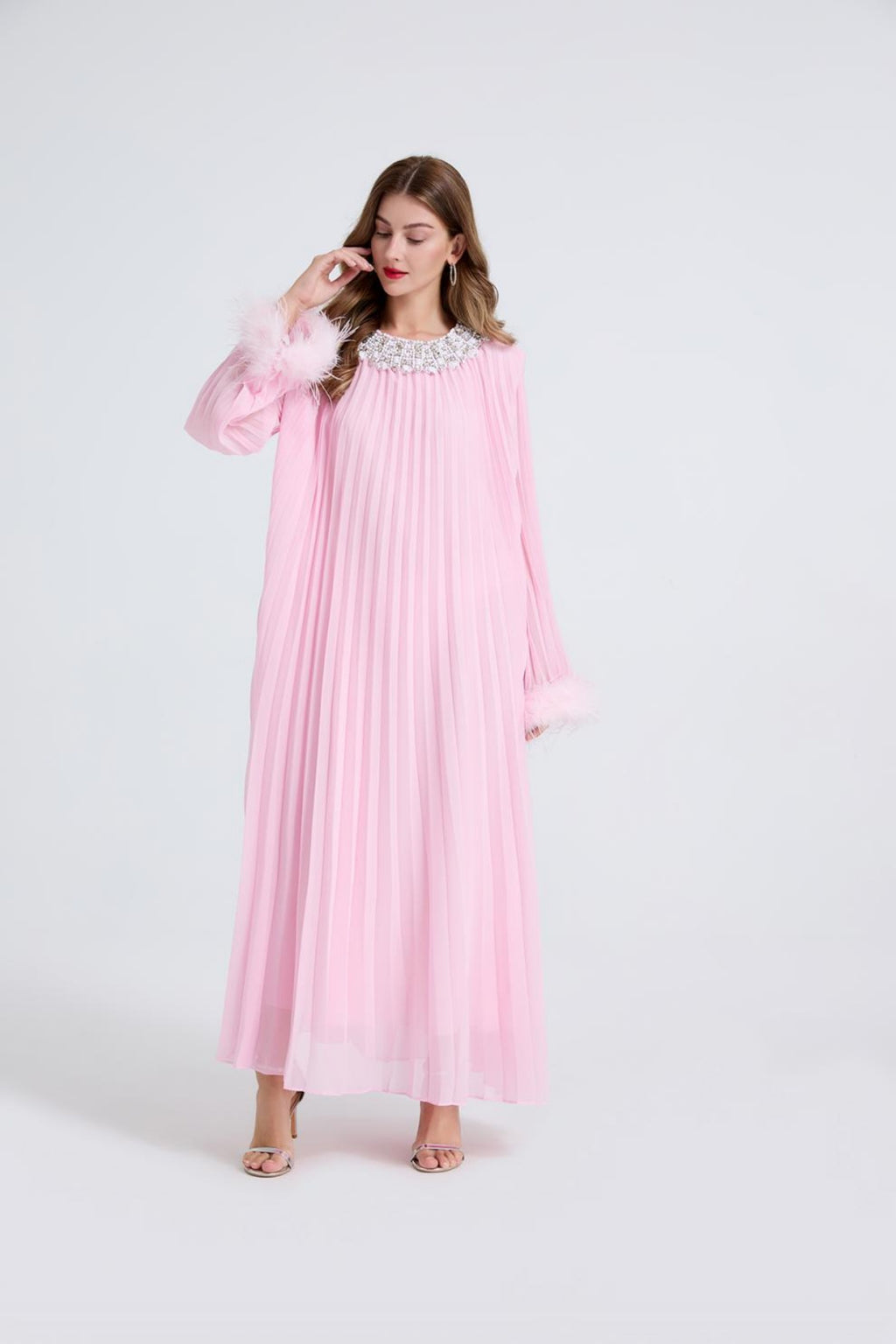 Esme Pink Rhinestone Feather Pleated Maxi Dress