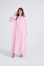 Esme Pink Rhinestone Feather Pleated Maxi Dress