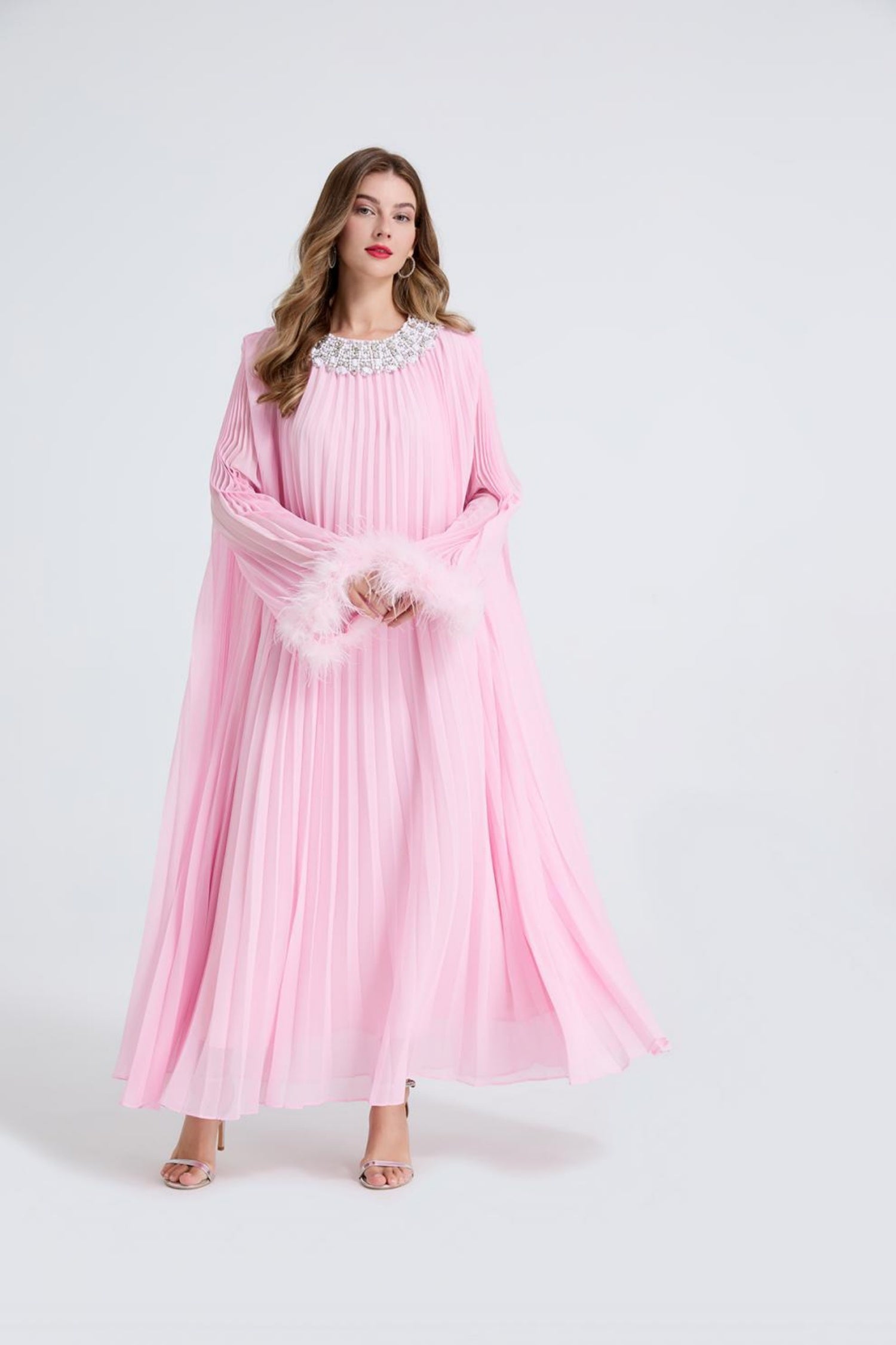 Esme Pink Rhinestone Feather Pleated Maxi Dress