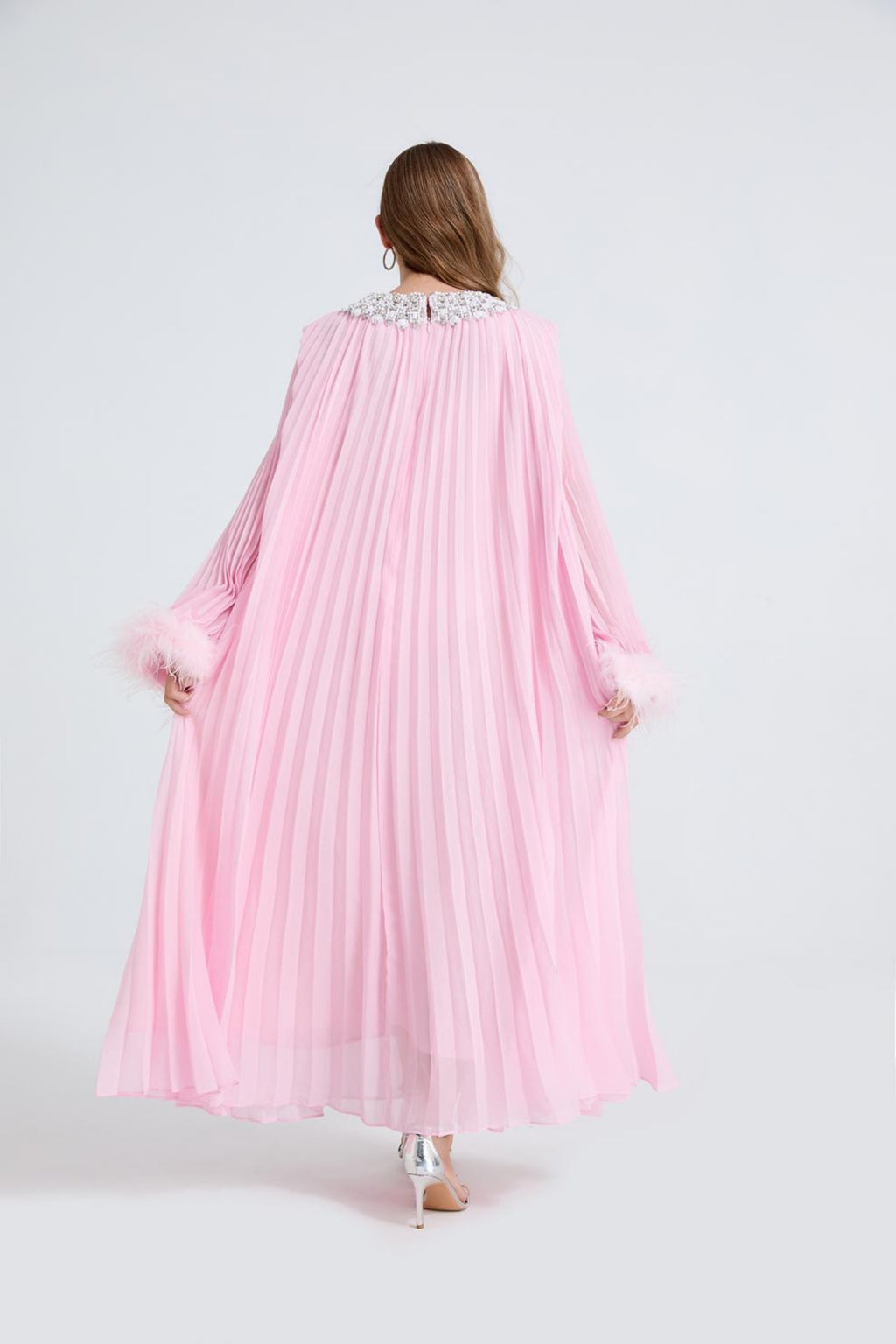 Esme Pink Rhinestone Feather Pleated Maxi Dress