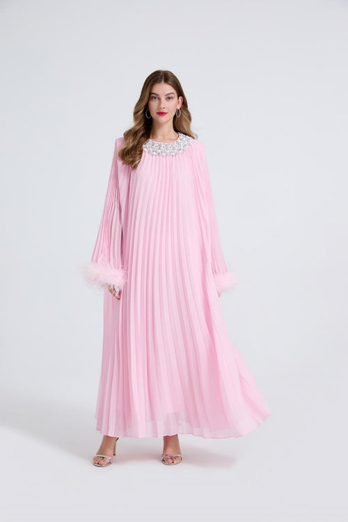 Esme Pink Rhinestone Feather Pleated Maxi Dress