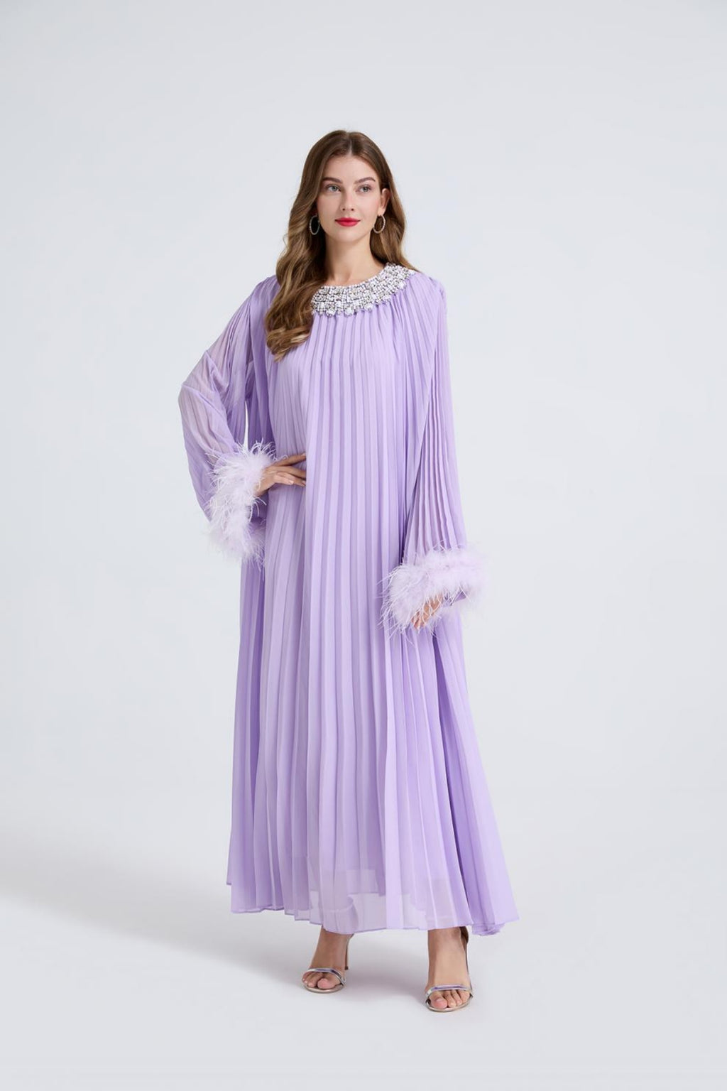 Esme Purple Rhinestone Feather Pleated Maxi Dress