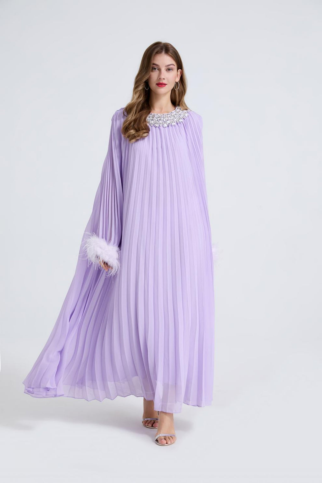 Esme Purple Rhinestone Feather Pleated Maxi Dress