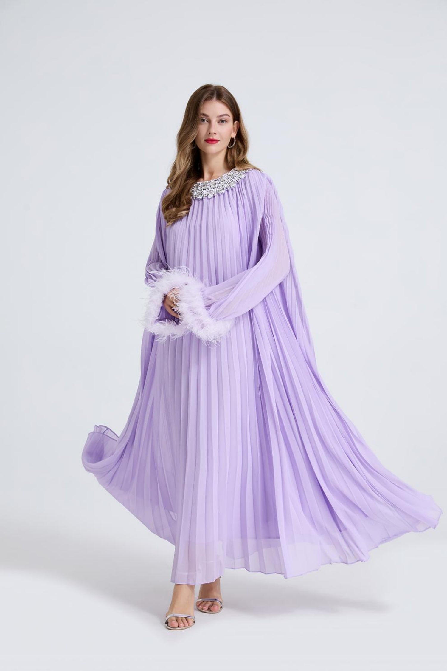 Esme Purple Rhinestone Feather Pleated Maxi Dress