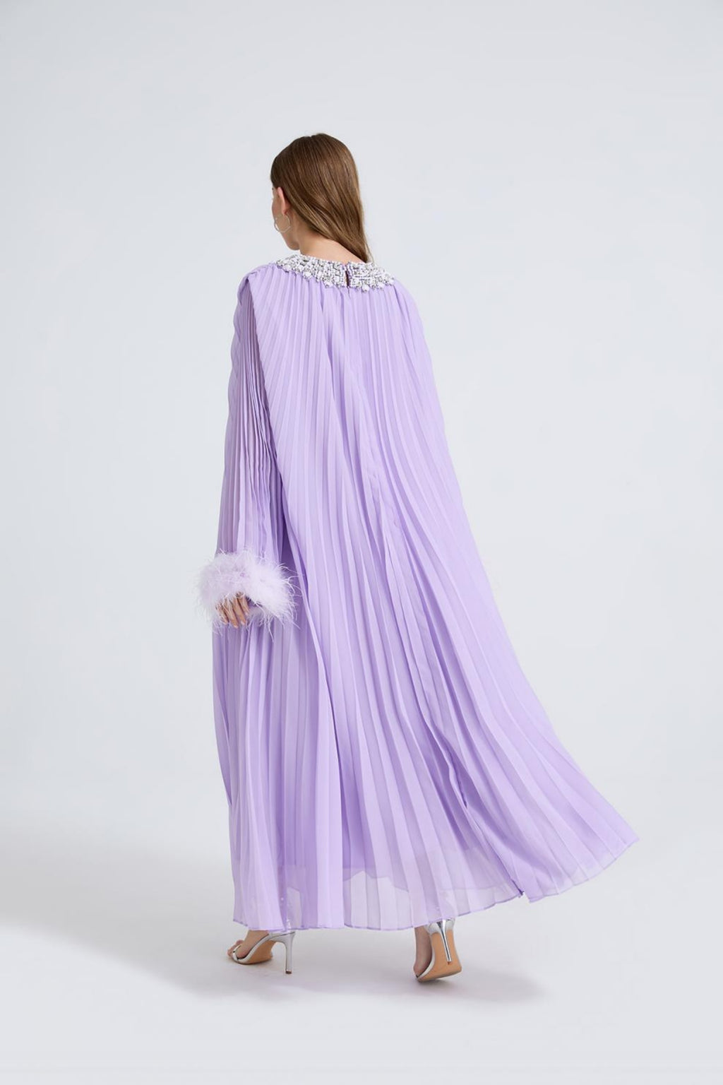 Esme Purple Rhinestone Feather Pleated Maxi Dress