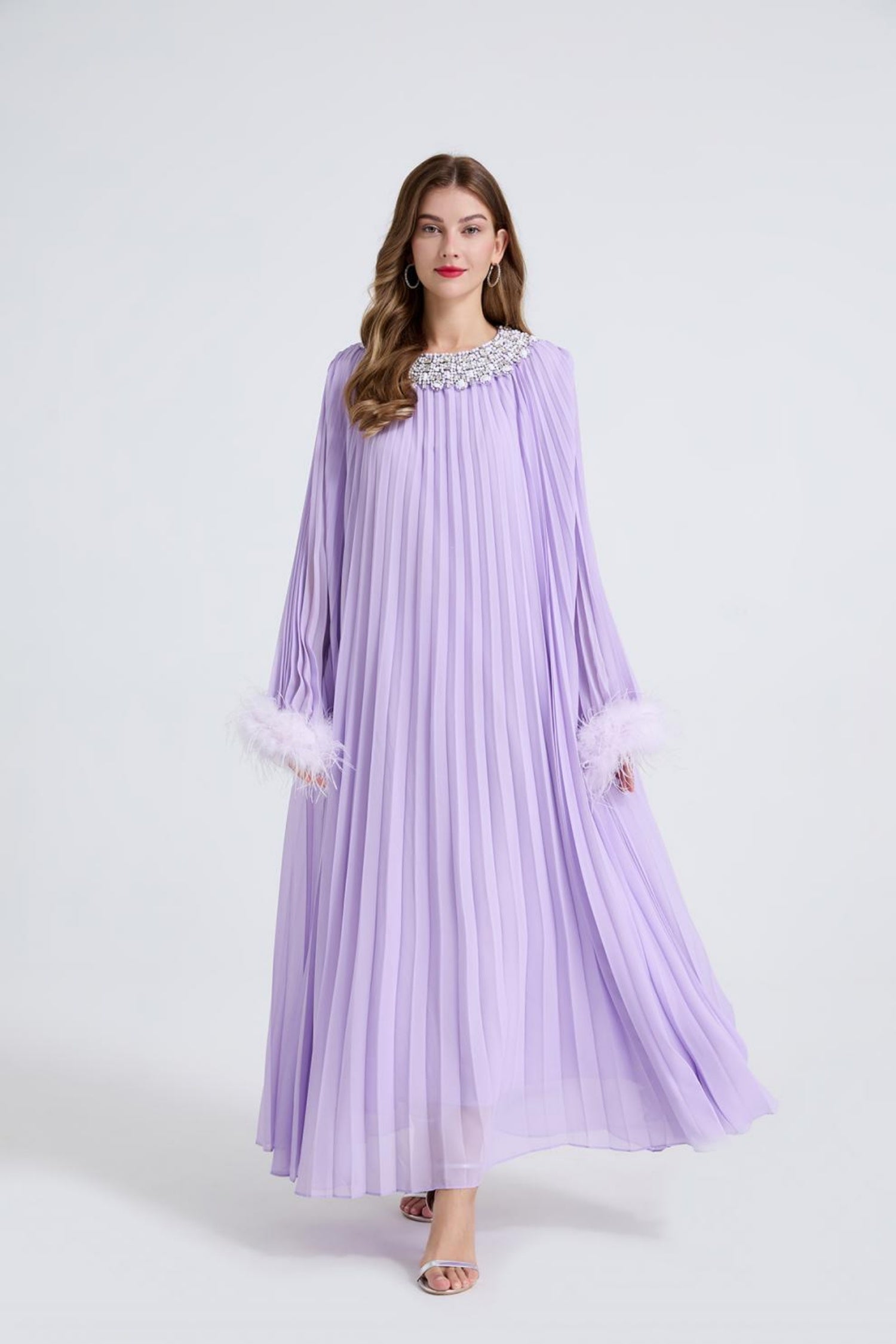 Esme Purple Rhinestone Feather Pleated Maxi Dress Main image