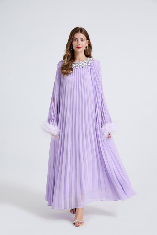 Esme Purple Rhinestone Feather Pleated Maxi Dress
