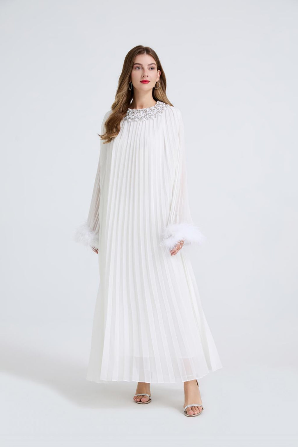 Esme White Rhinestone Feather Pleated Maxi Dress