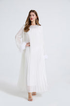 Esme White Rhinestone Feather Pleated Maxi Dress