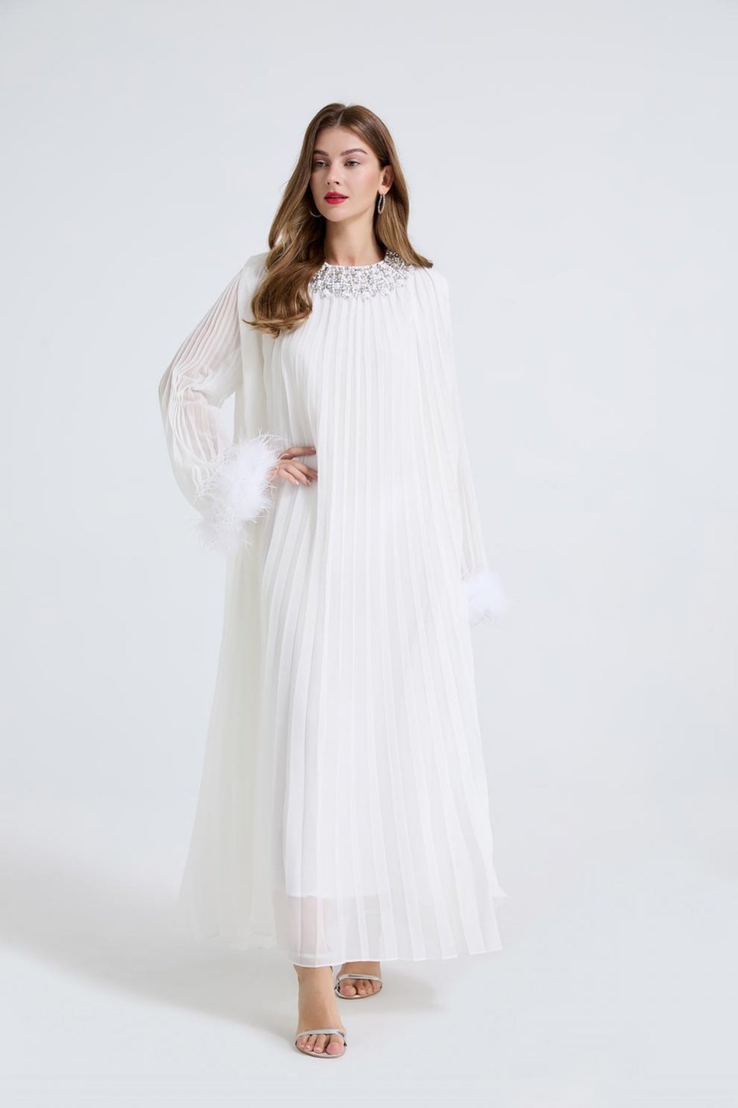 Esme White Rhinestone Feather Pleated Maxi Dress