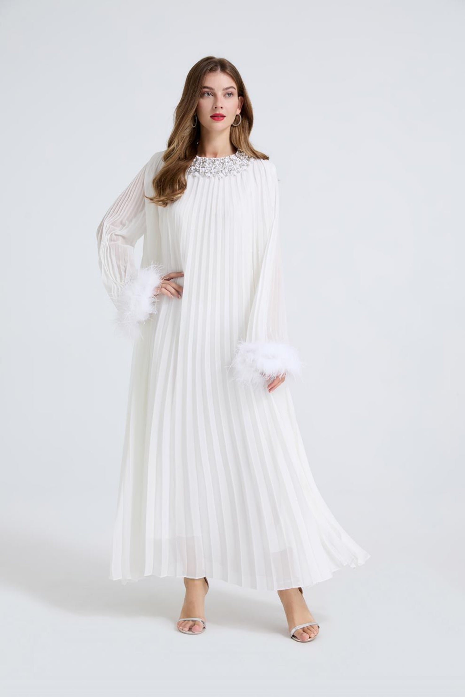 Esme White Rhinestone Feather Pleated Maxi Dress