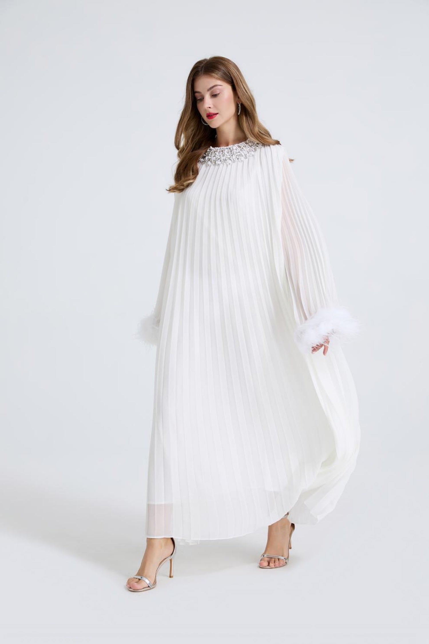 Esme White Rhinestone Feather Pleated Maxi Dress
