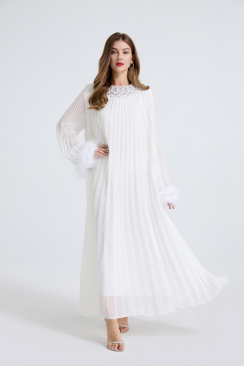 Esme White Rhinestone Feather Pleated Maxi Dress