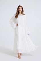 Esme White Rhinestone Feather Pleated Maxi Dress