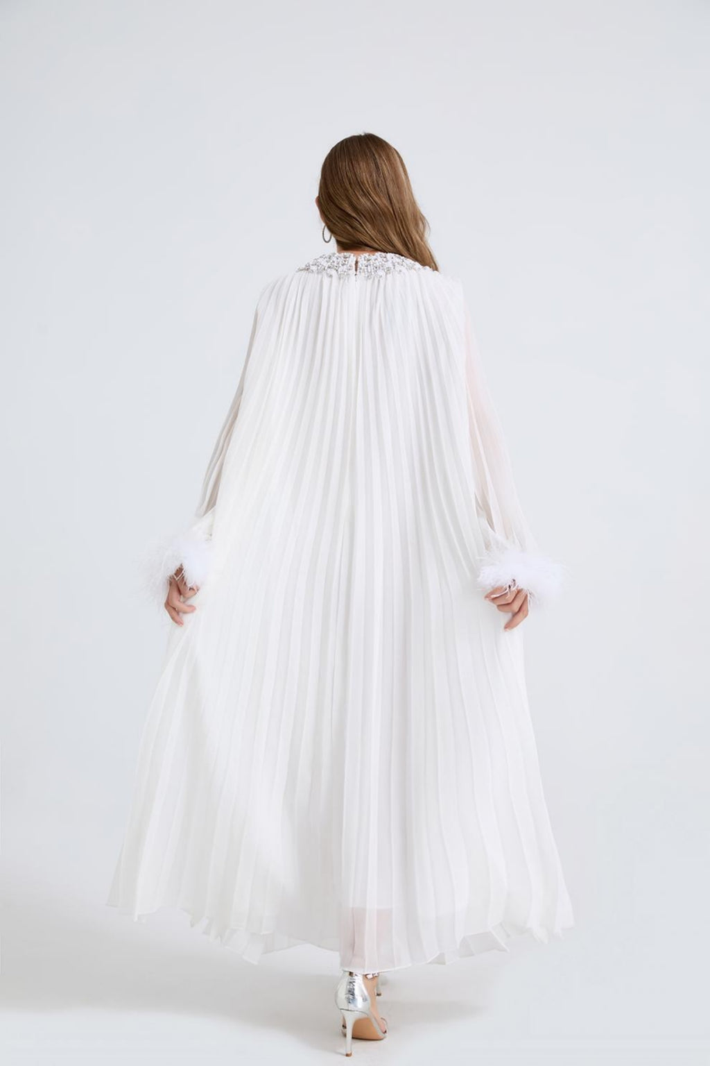 Esme White Rhinestone Feather Pleated Maxi Dress