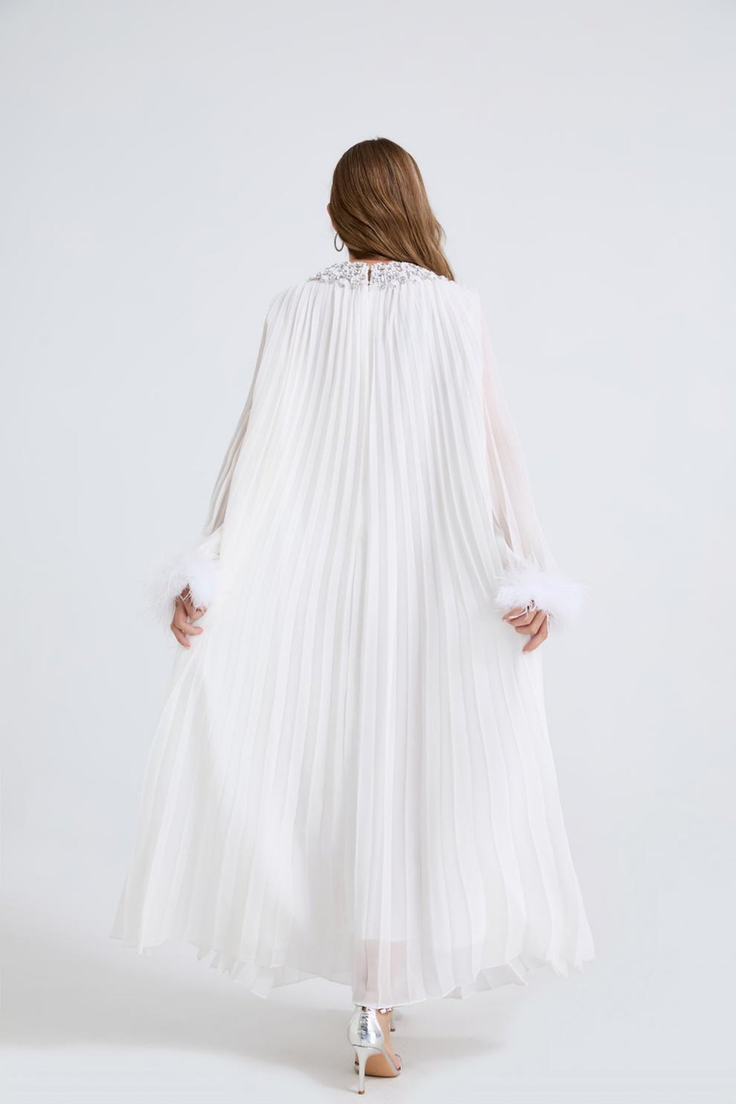 Esme White Rhinestone Feather Pleated Maxi Dress