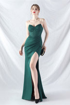 Ethan Strapless Satin Evening Dress In Dark Green