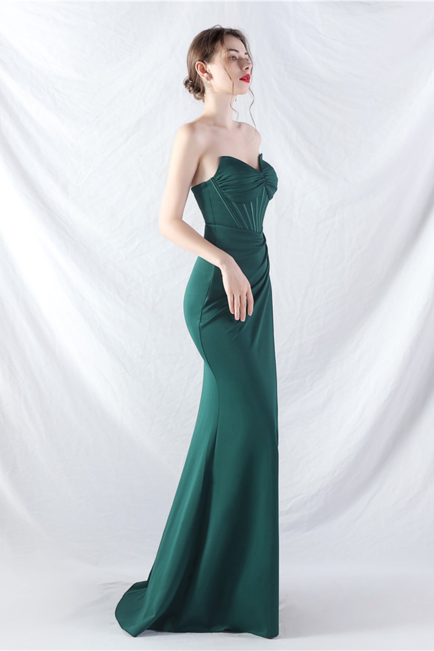 Ethan Strapless Satin Evening Dress In Dark Green