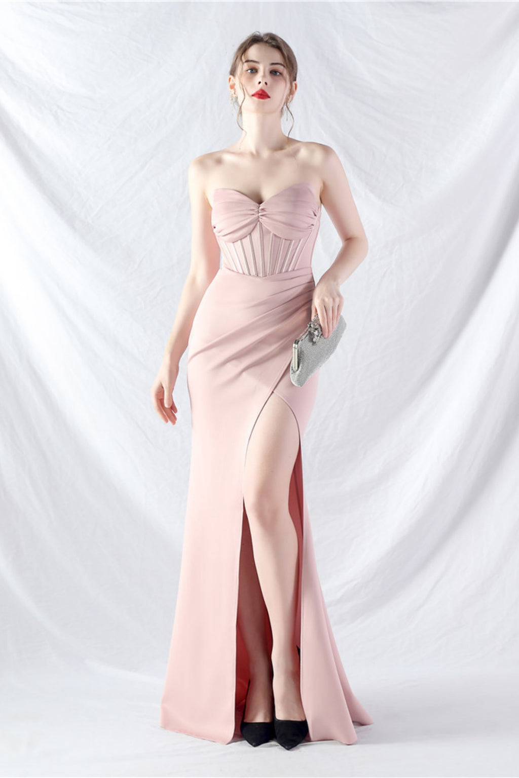 Ethan Strapless Satin Evening Dress In Light Pink