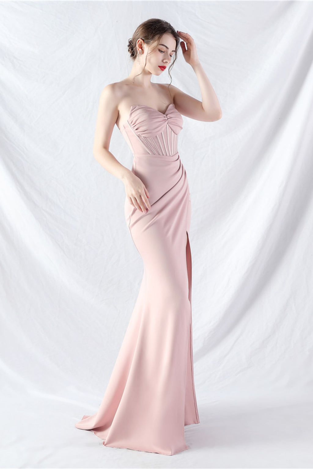 Ethan Strapless Satin Evening Dress In Light Pink