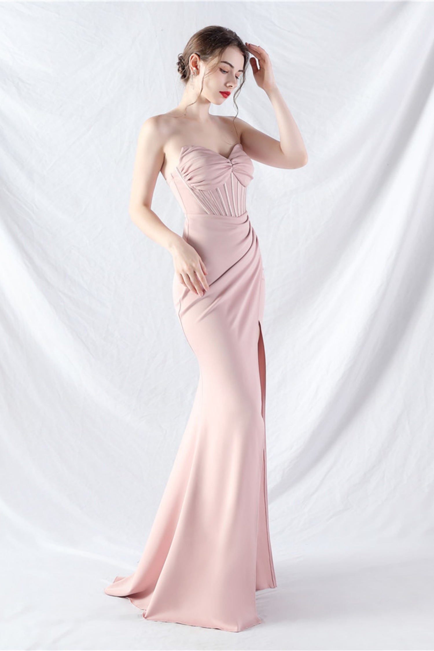 Ethan Strapless Satin Evening Dress In Light Pink
