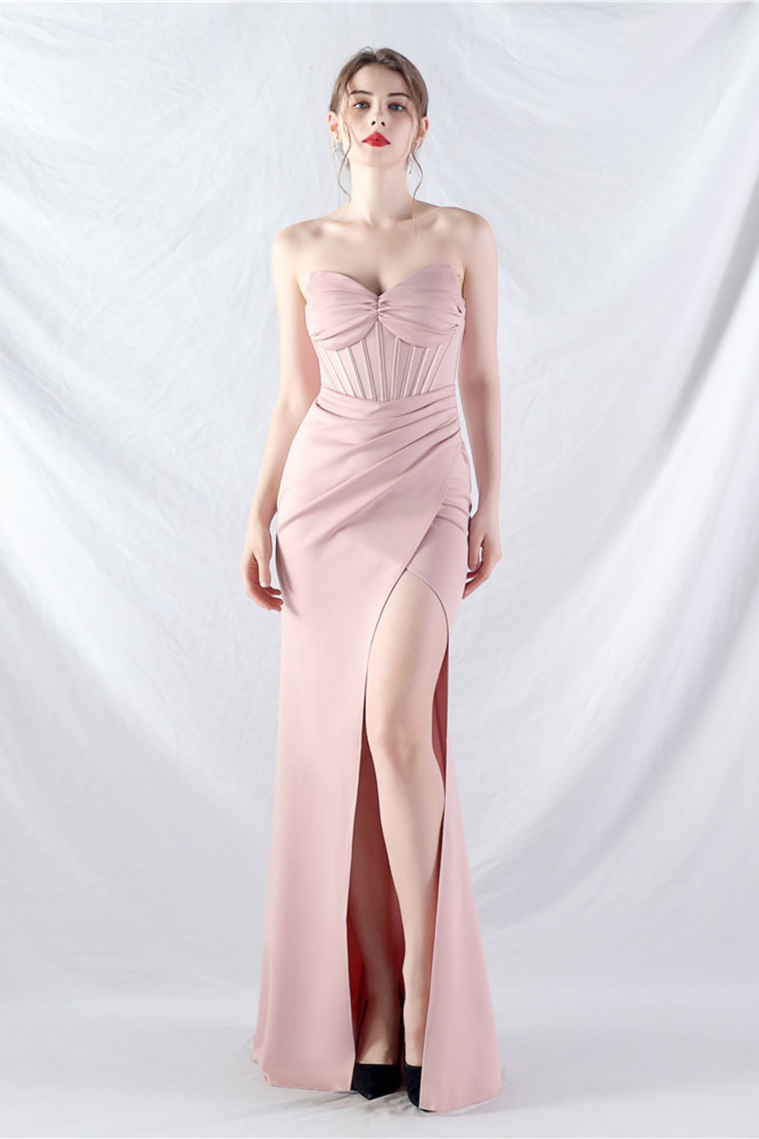 Ethan Strapless Satin Evening Dress In Light Pink