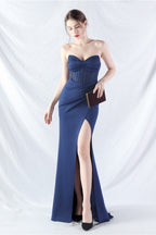 Ethan Strapless Satin Evening Dress In Navy Blue