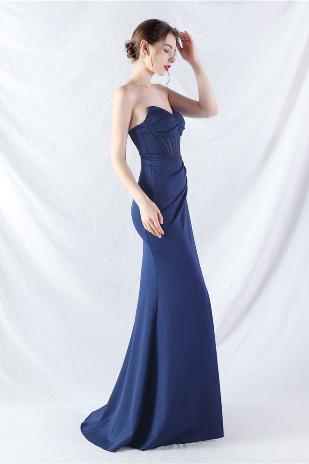 Ethan Strapless Satin Evening Dress In Navy Blue