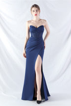 Ethan Strapless Satin Evening Dress In Navy Blue