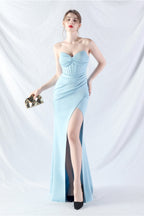 Ethan Strapless Satin Evening Dress In Sky Blue