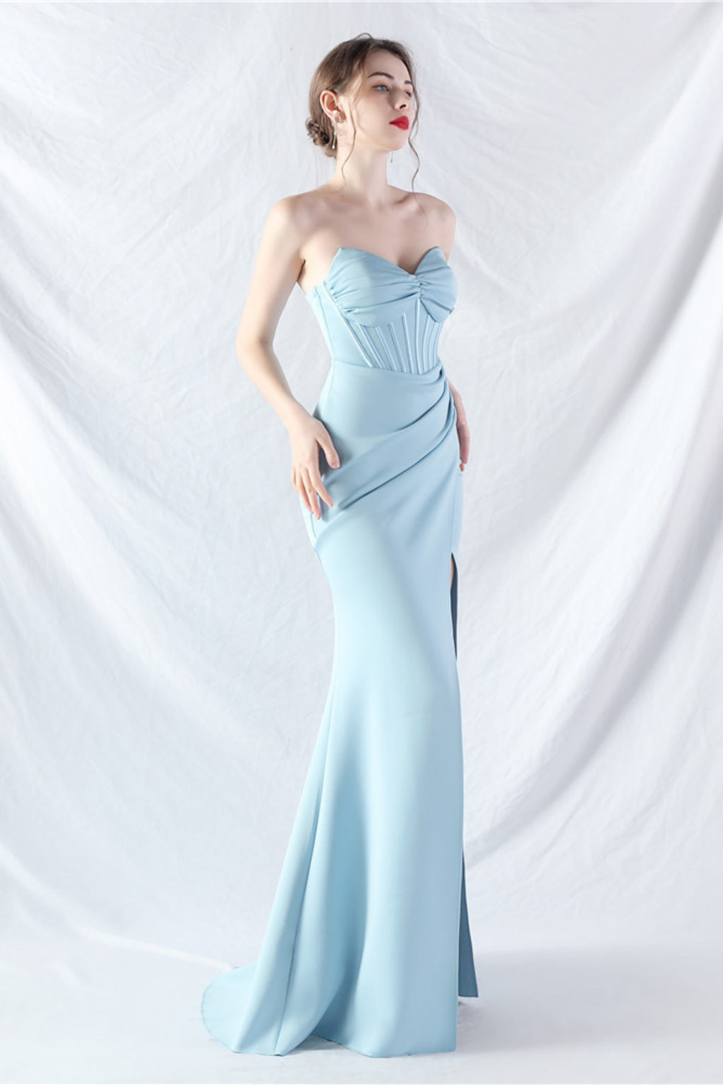 Ethan Strapless Satin Evening Dress In Sky Blue
