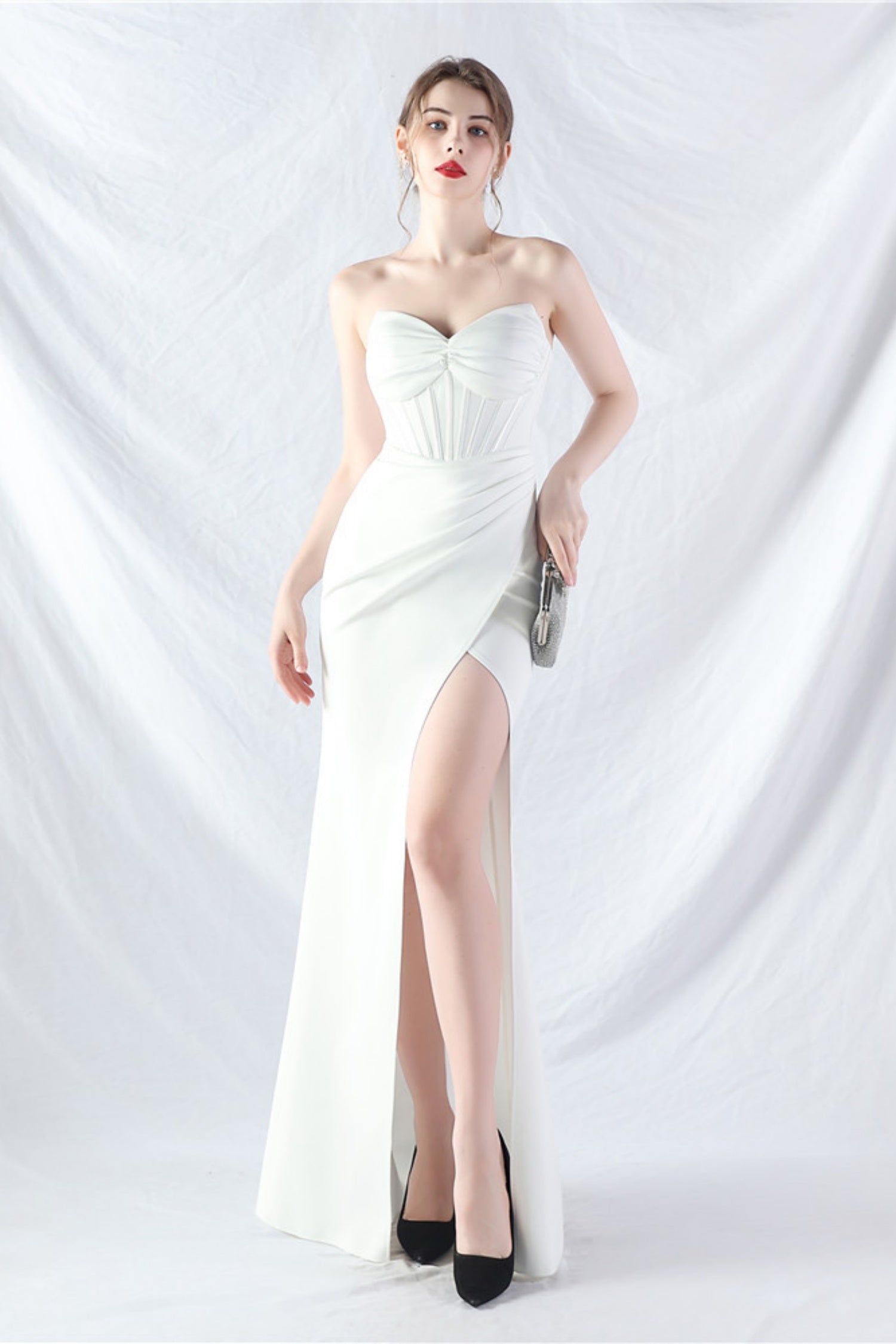 Ethan Strapless Satin Evening Dress In White Secondary image