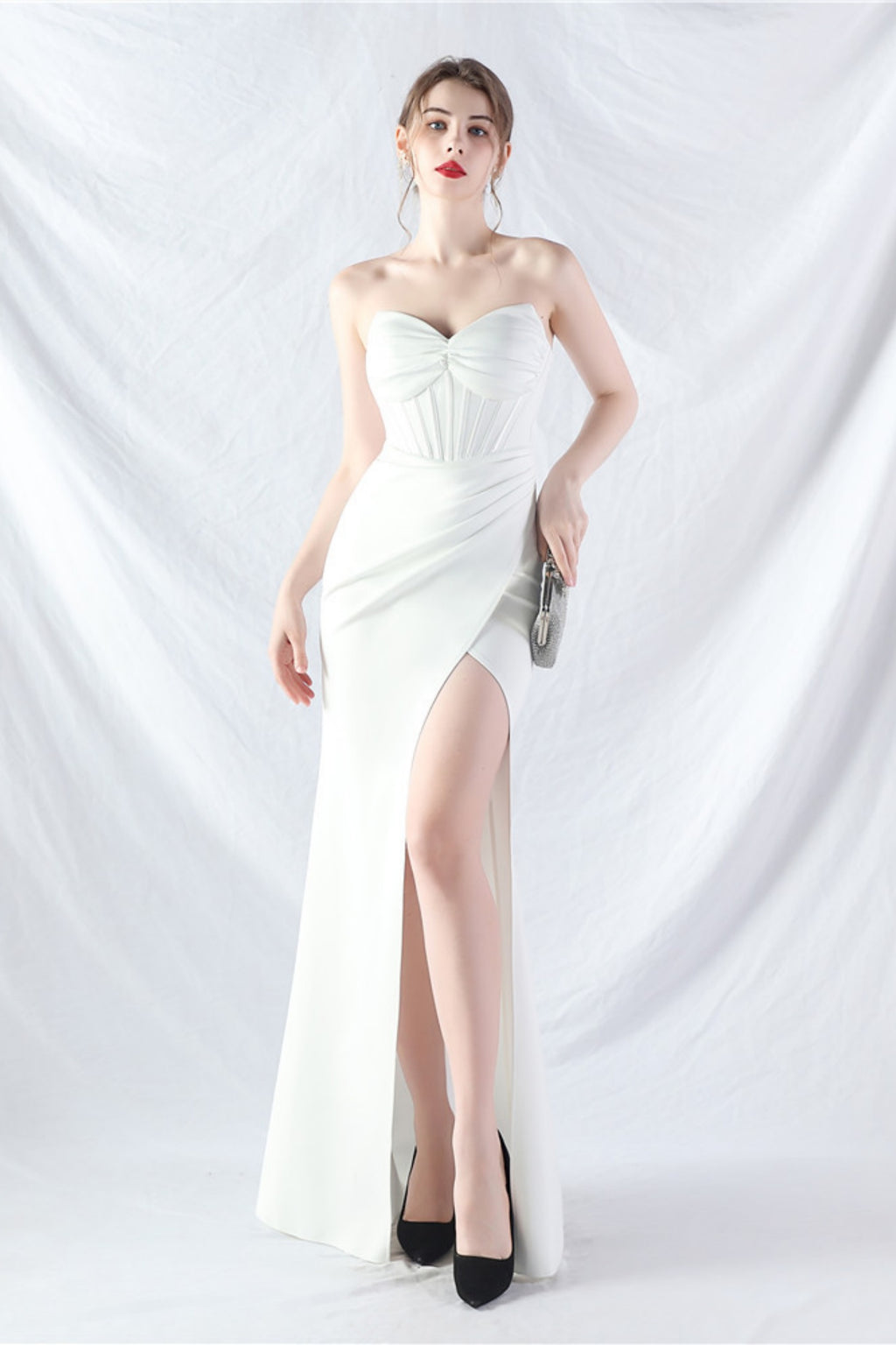 Ethan Strapless Satin Evening Dress In White