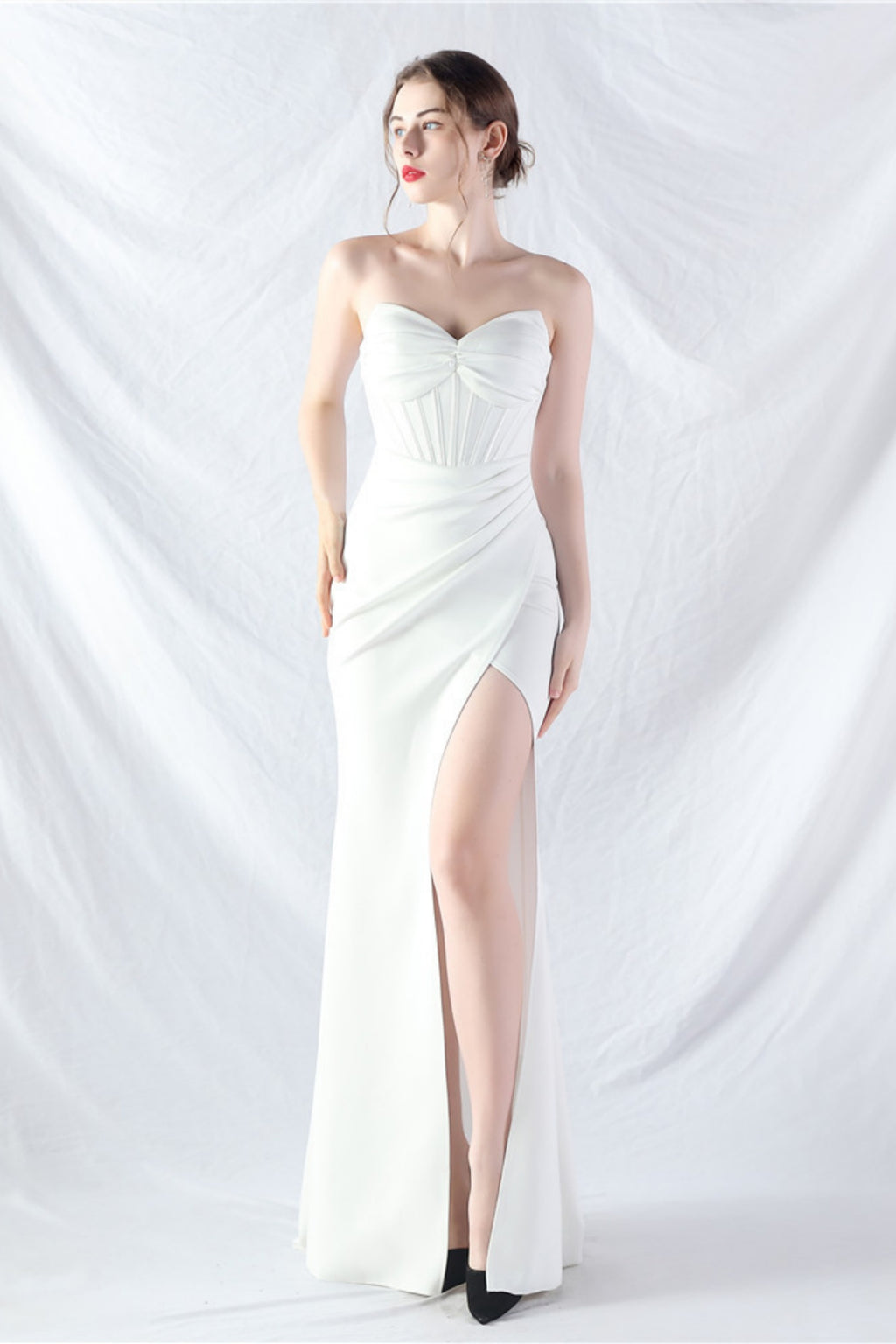 Ethan Strapless Satin Evening Dress In White
