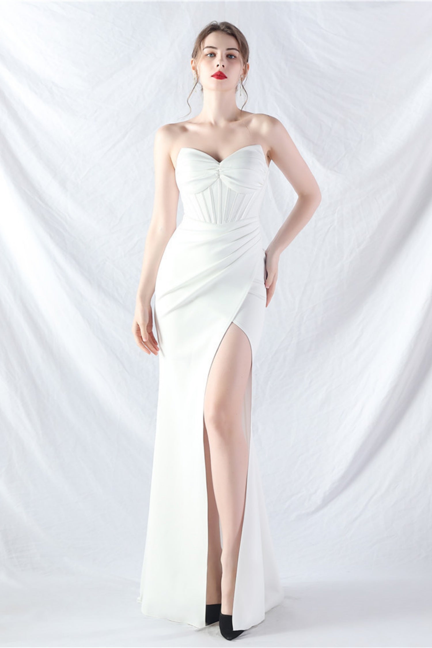 Ethan Strapless Satin Evening Dress In White