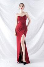 Ethan Strapless Satin Evening Dress In Wine