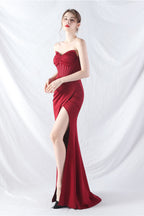 Ethan Strapless Satin Evening Dress In Wine