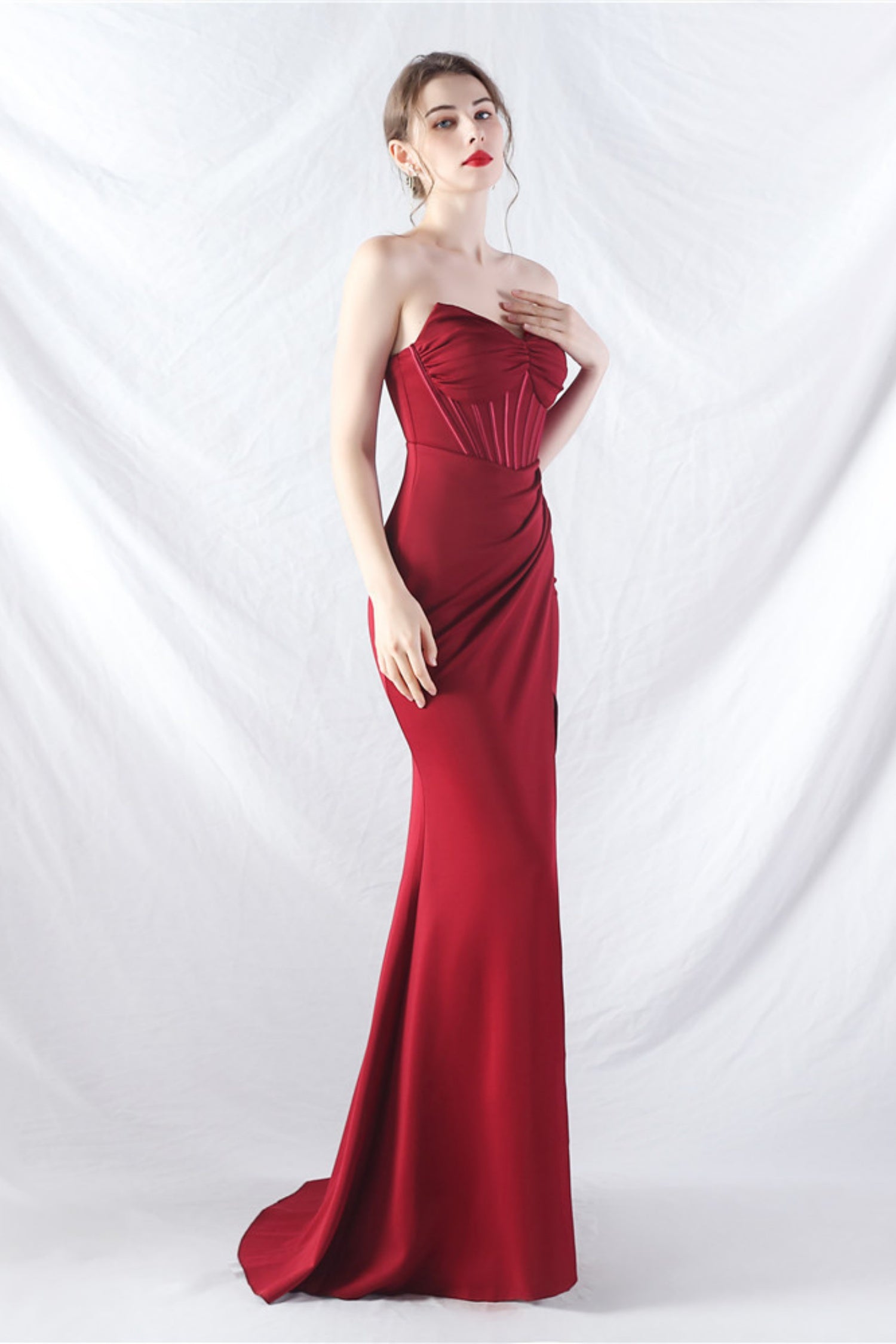 Ethan Strapless Satin Evening Dress In Wine