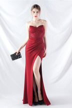 Ethan Strapless Satin Evening Dress In Wine