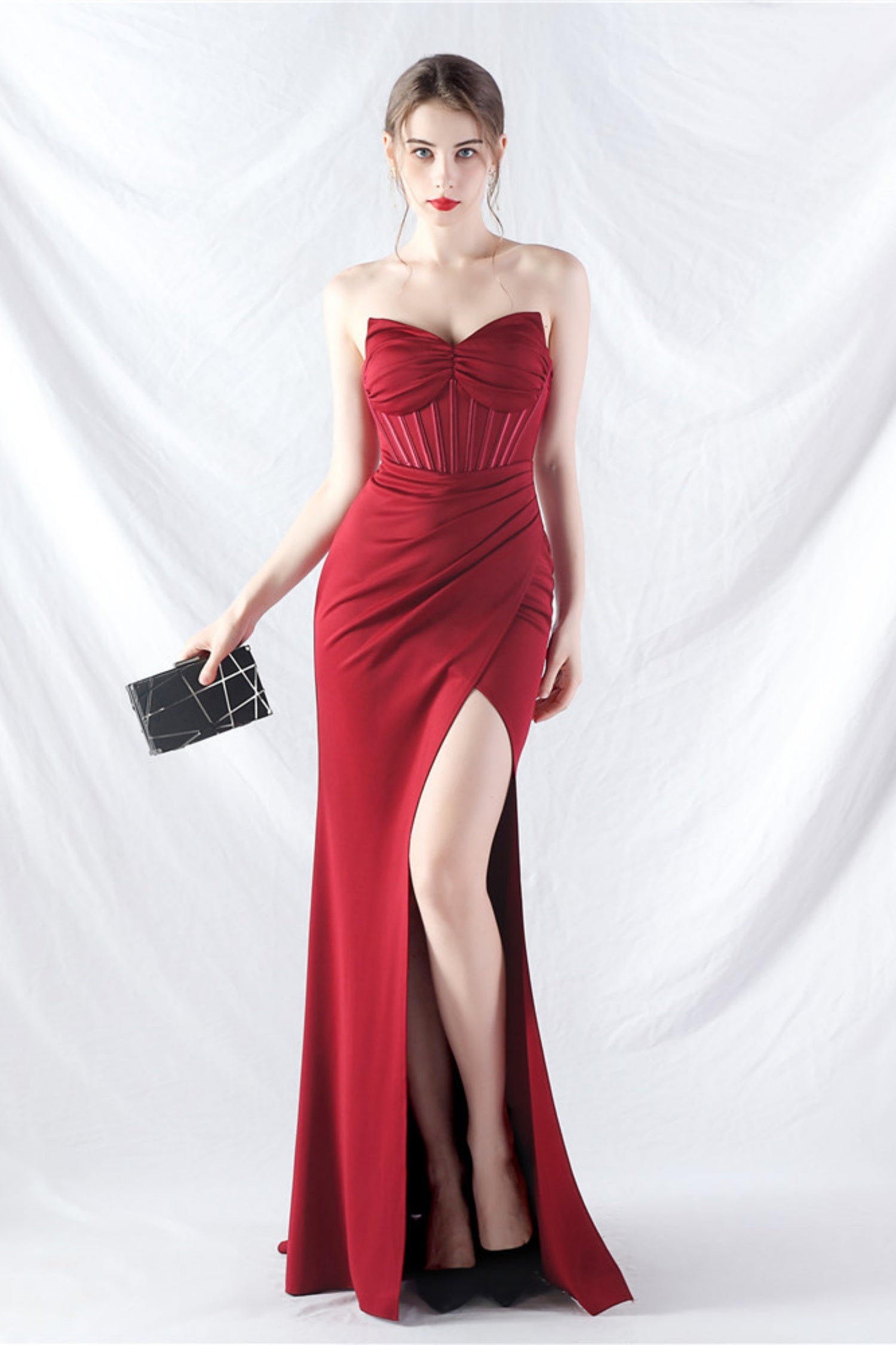 Ethan Strapless Satin Evening Dress In Wine