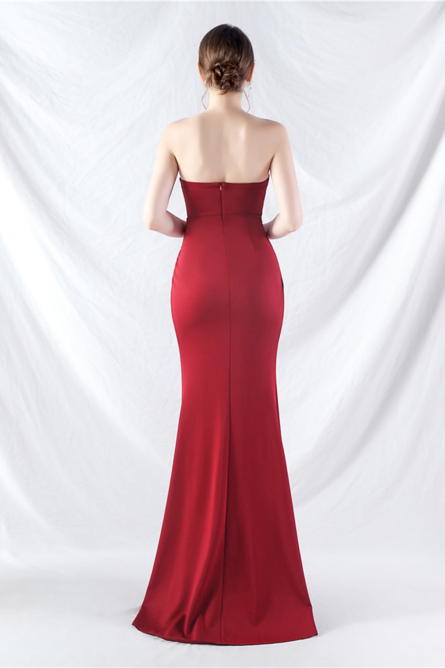 Ethan Strapless Satin Evening Dress In Wine