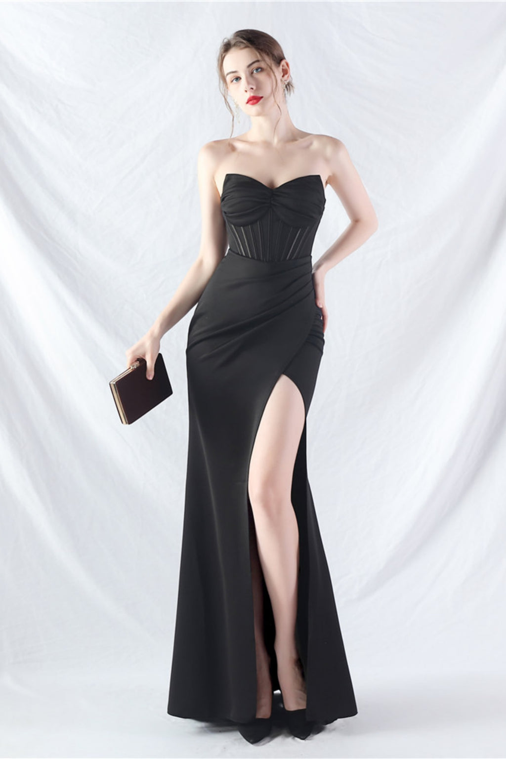 Ethan Strapless Satin Evening Dress In Black