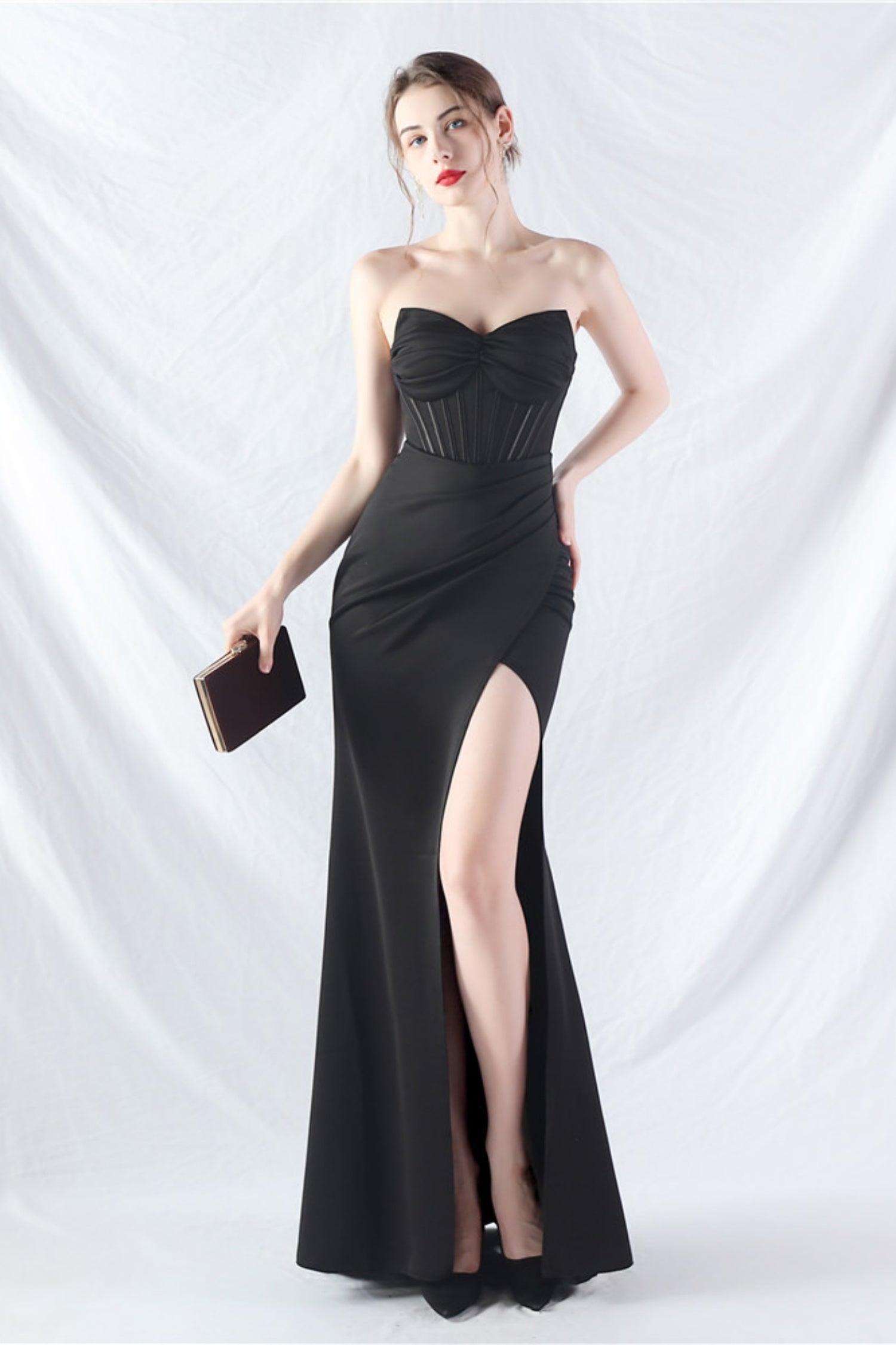 Ethan Strapless Satin Evening Dress In Black