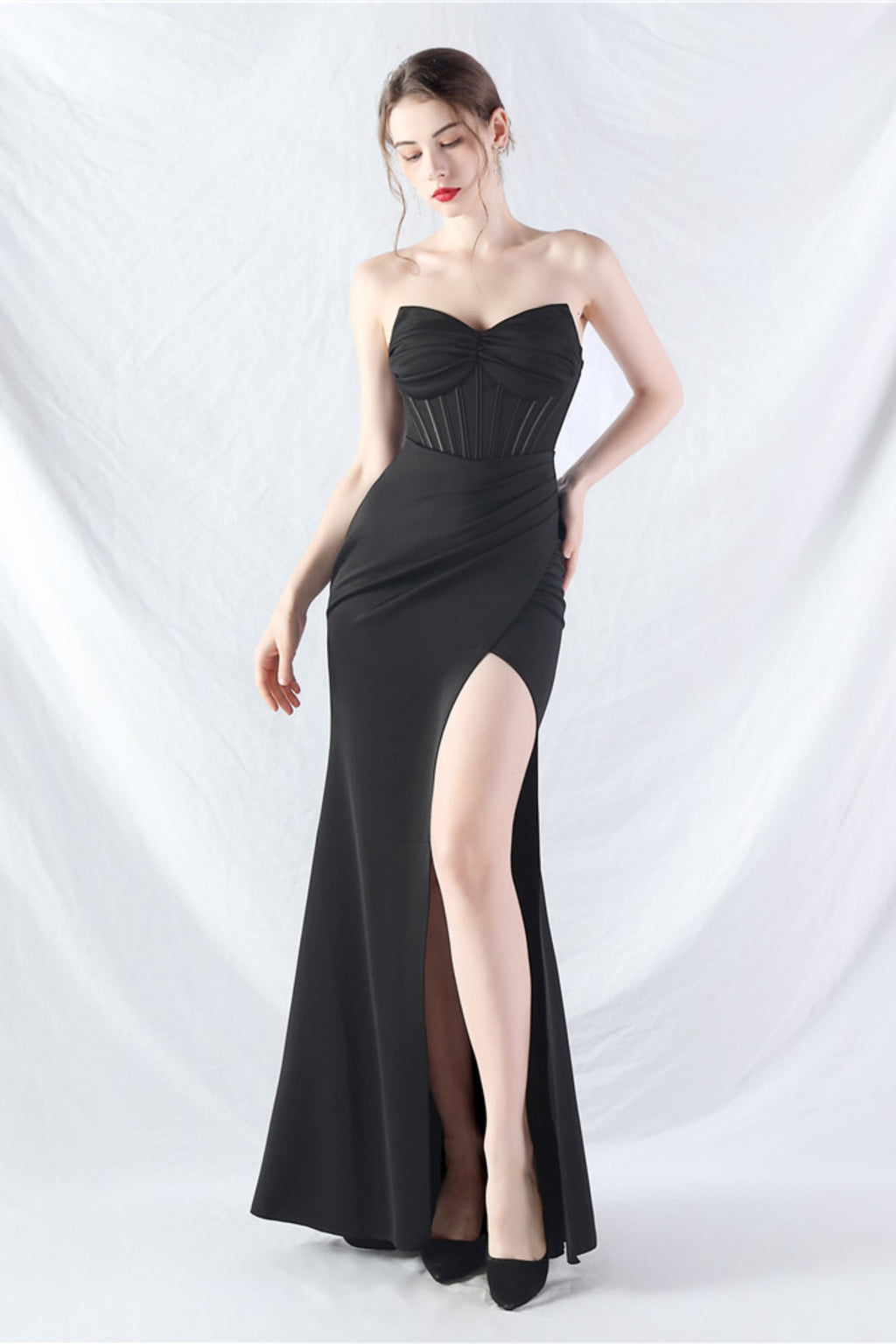 Ethan Strapless Satin Evening Dress In Black