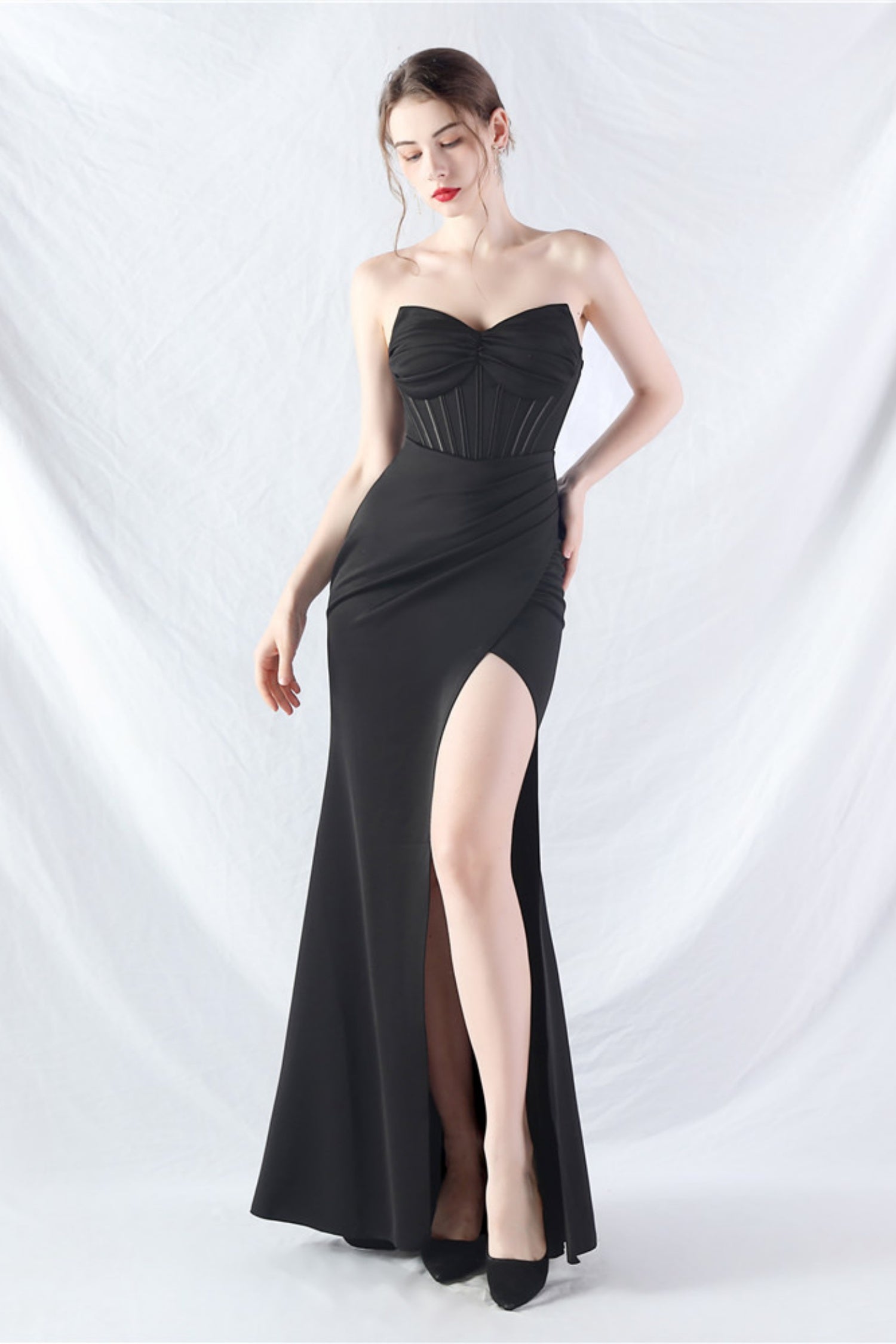 Ethan Strapless Satin Evening Dress In Black