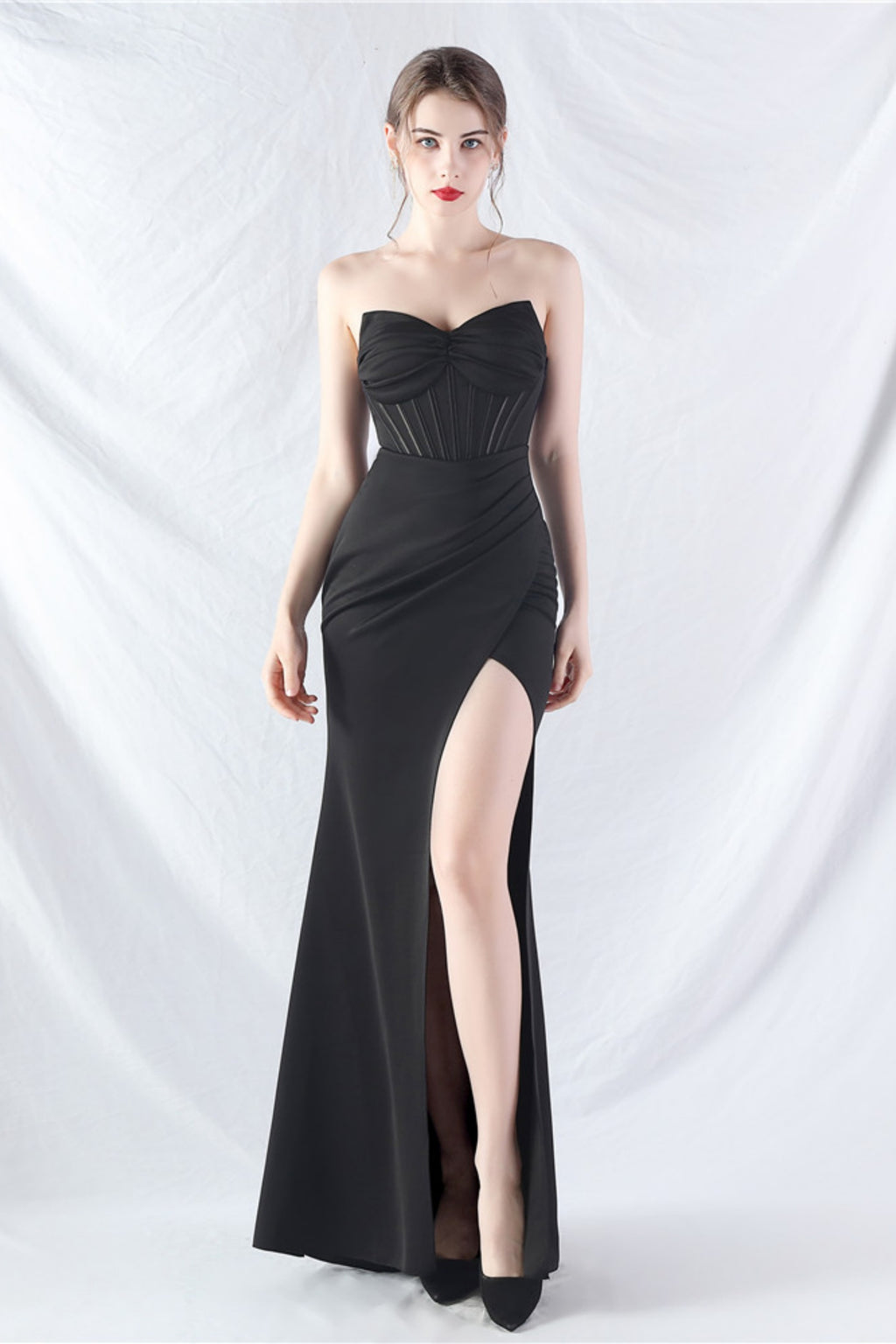 Ethan Strapless Satin Evening Dress In Black