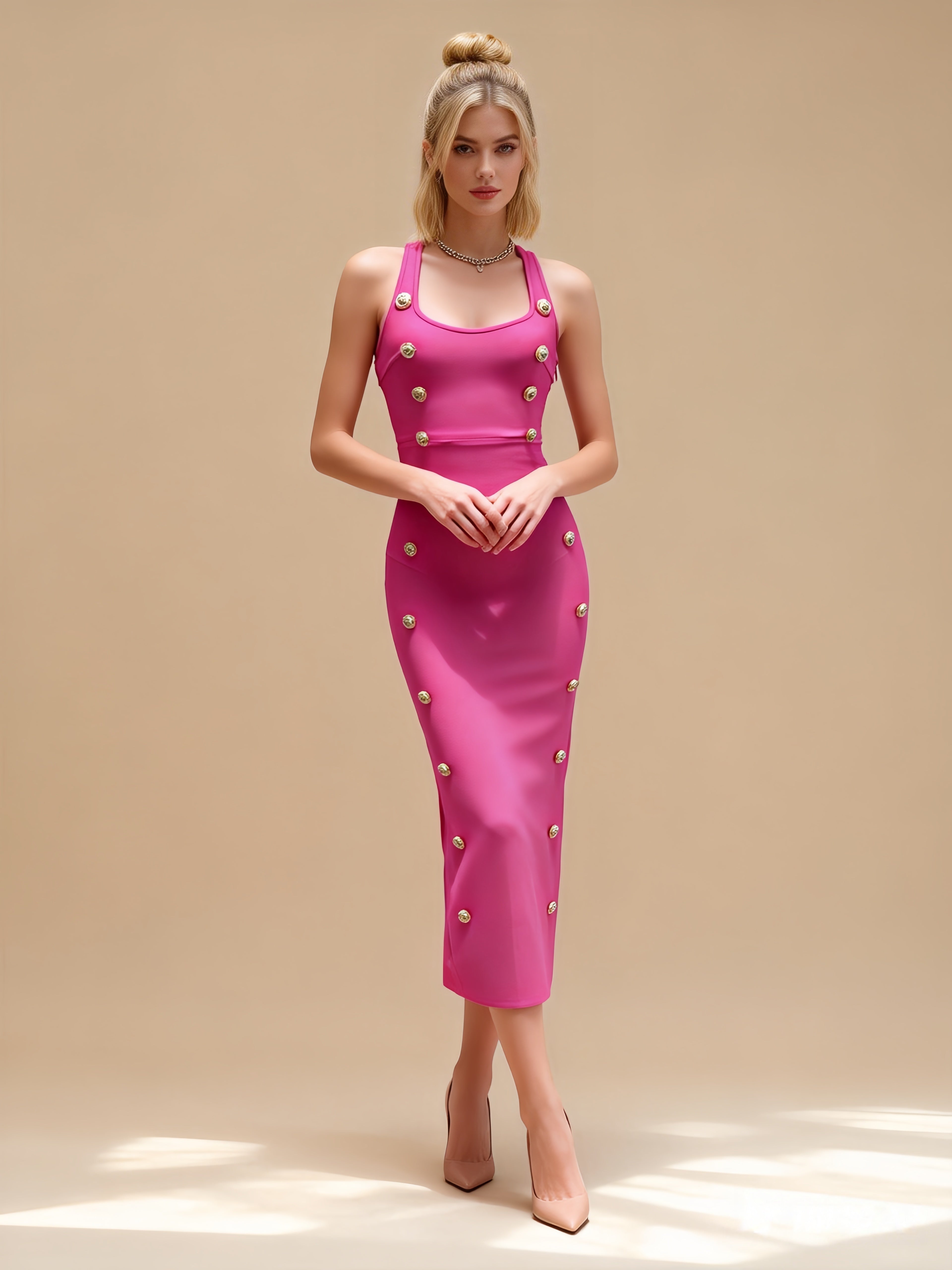 Etta Hot Pink Button Detail Bandage Maxi Dress Main image