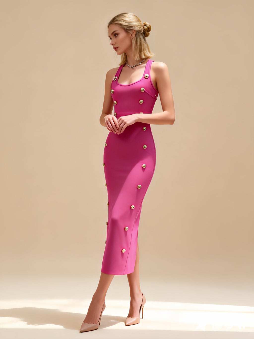 Etta Hot Pink Button Detail Bandage Maxi Dress