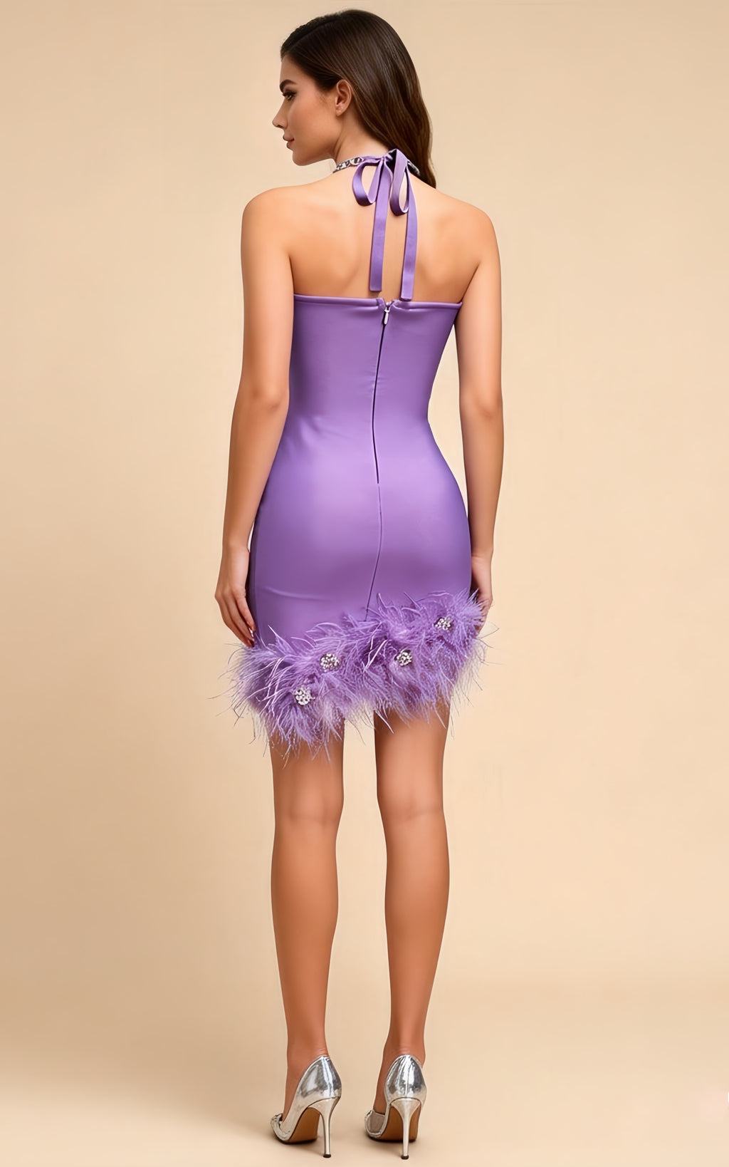 Evan Purple Feather Diamond Bandage Mini Dress