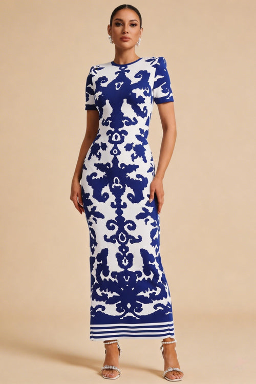 Evelyn Blue Floral Short Sleeve Bandage Maxi Dress